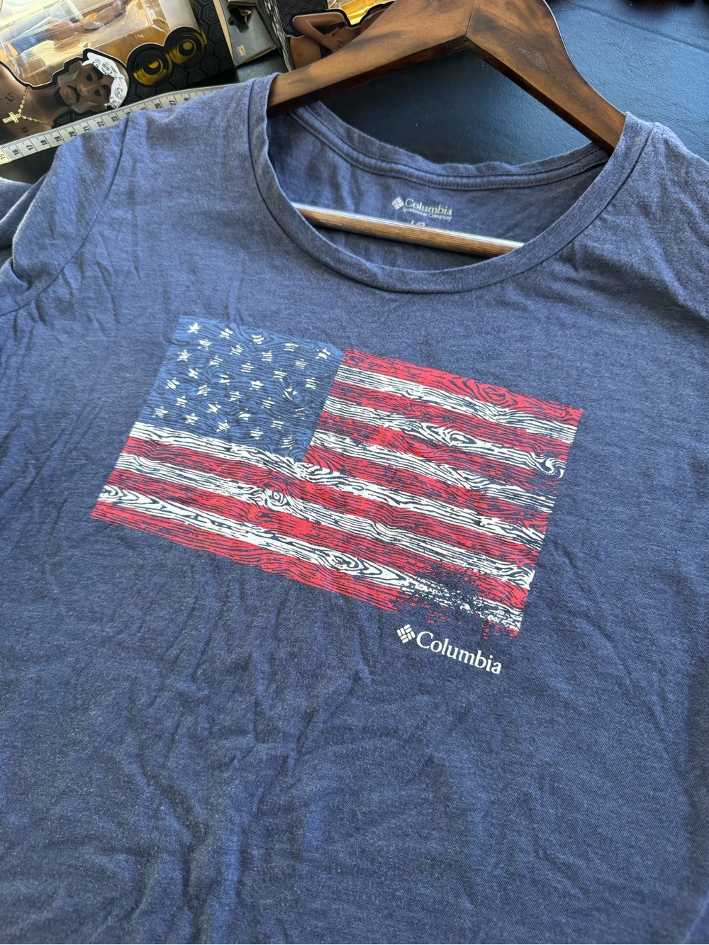 Columbia Navy Blue Tee with Red & White Flag Graphic